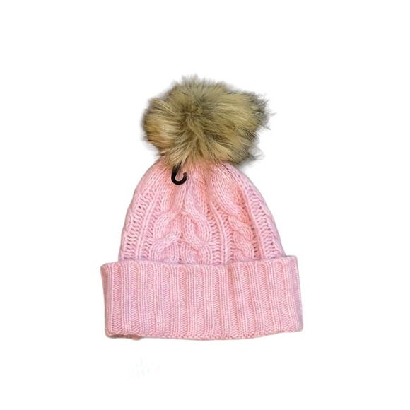 NEW Halogen 100% Cable Knit Cashmere Pompom Beanie Pink One Size main image 8